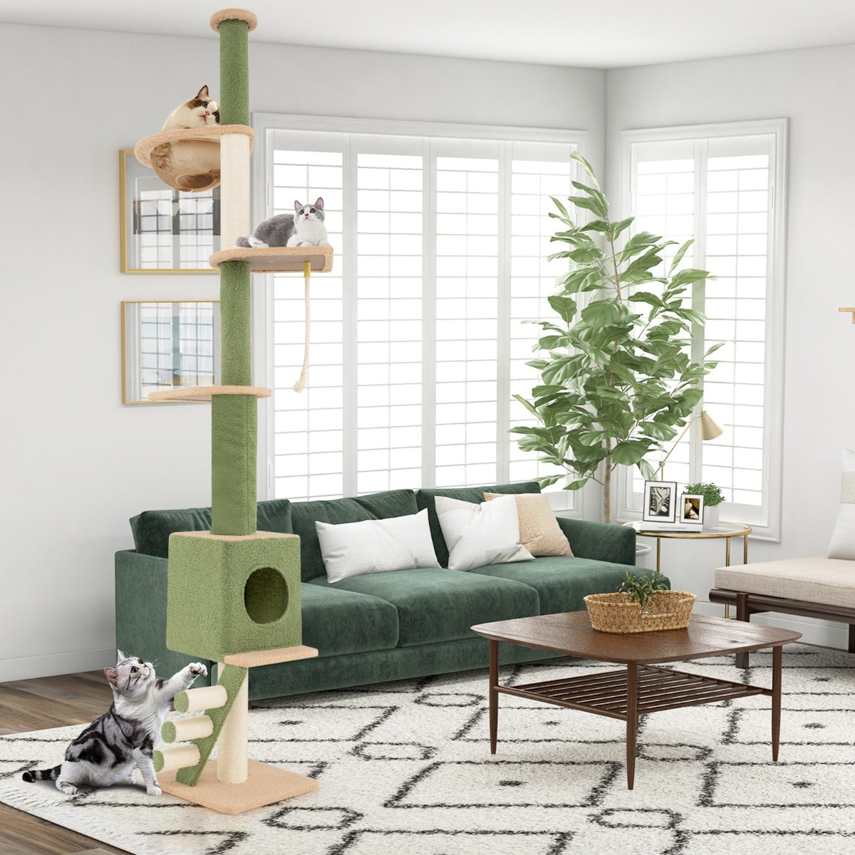 Floor to Ceiling Cat Tree with Adjustable Height and Extra Post-Green