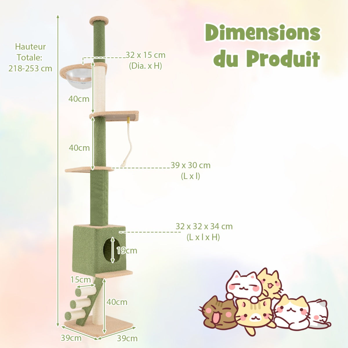 Floor to Ceiling Cat Tree with Adjustable Height and Extra Post-Green
