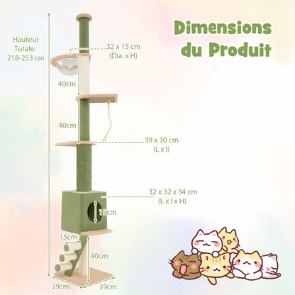 Floor to Ceiling Cat Tree with Adjustable Height and Extra Post-Green
