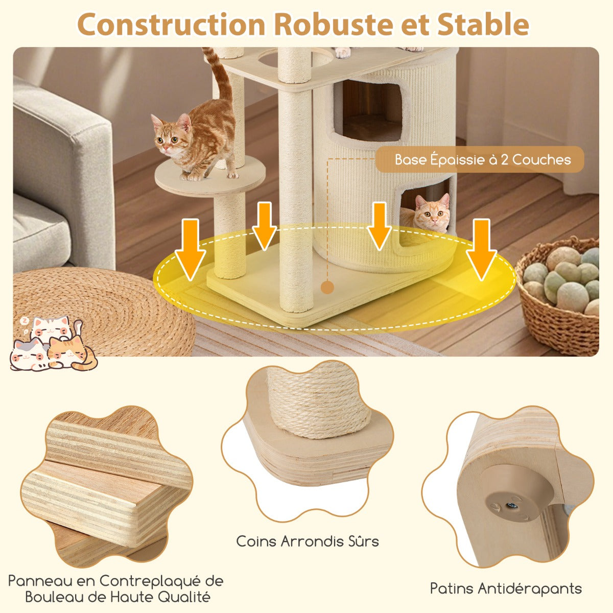 151 cm Wooden Cat Tower with Sisal Scratching Posts and Washable Plush Cushion-Natural
