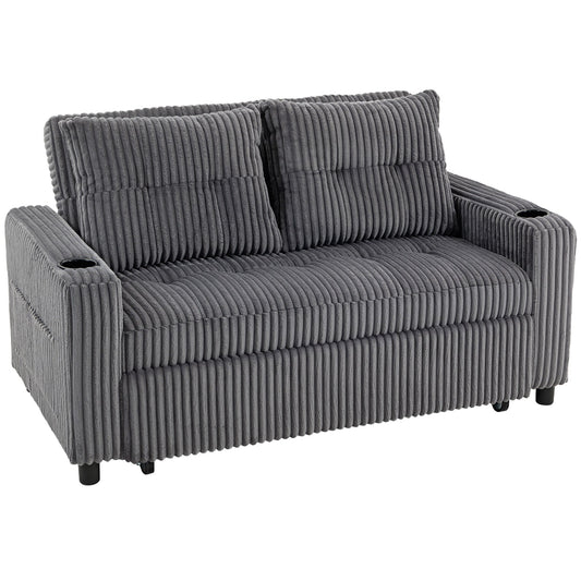HOMCOM 2 Seater Click Clack Sofa Bed with Pull Out Design, Corduroy Upholstery - Charcoal Grey