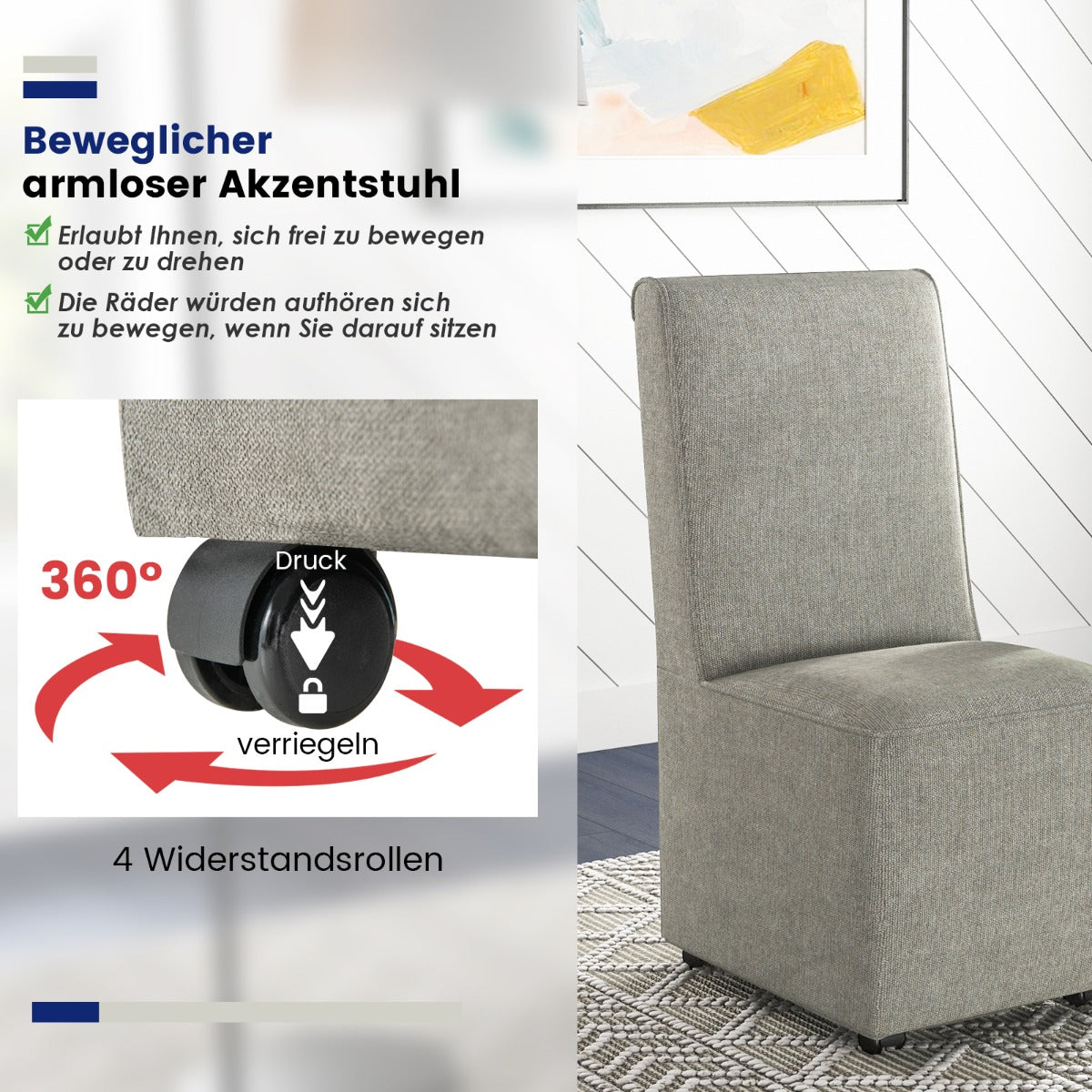 Modern Upholstered Armless Accent Chair with Resistance Casters-Grey