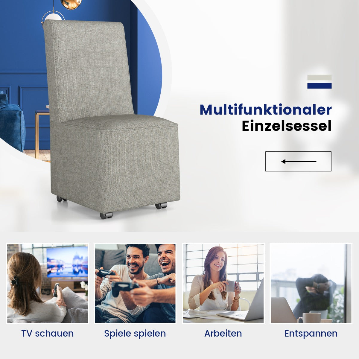 Modern Upholstered Armless Accent Chair with Resistance Casters-Grey