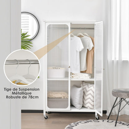 Rolling Storage Armoire Closet with Hanging Rod and Adjustable Shelf-White
