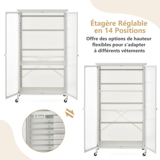Rolling Storage Armoire Closet with Hanging Rod and Adjustable Shelf-White