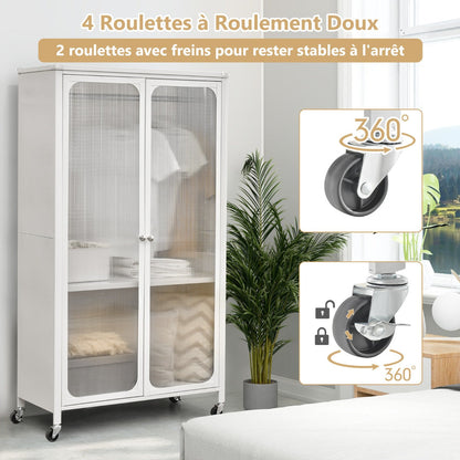 Rolling Storage Armoire Closet with Hanging Rod and Adjustable Shelf-White