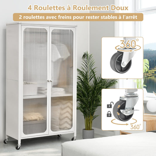 Rolling Storage Armoire Closet with Hanging Rod and Adjustable Shelf-White