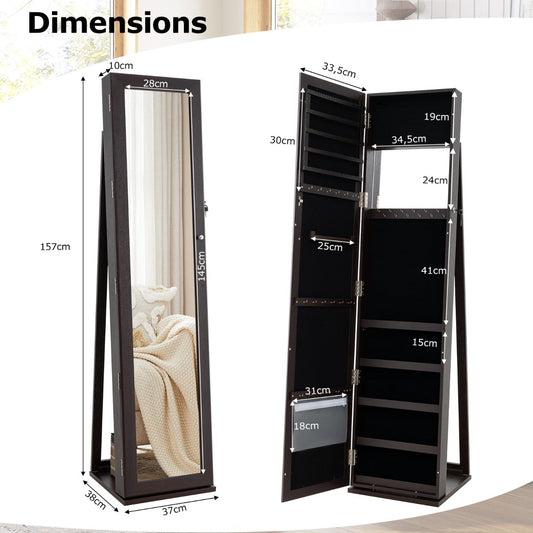 Standing Lockable Jewelry Storage Organizer with Full-Length Mirror-Coffee