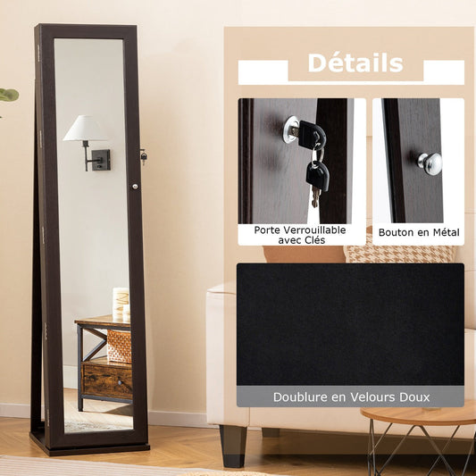Standing Lockable Jewelry Storage Organizer with Full-Length Mirror-Coffee