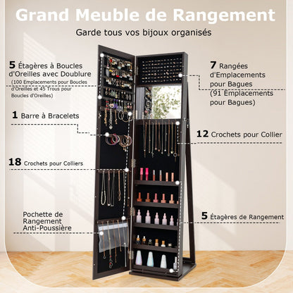 Standing Lockable Jewelry Storage Organizer with Full-Length Mirror-Coffee