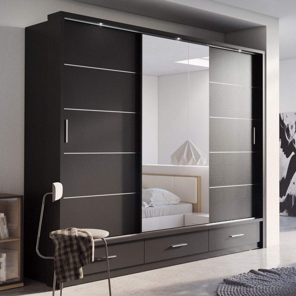 Deming 3 Door Sliding Wardrobe 250cm - White, Grey or Black