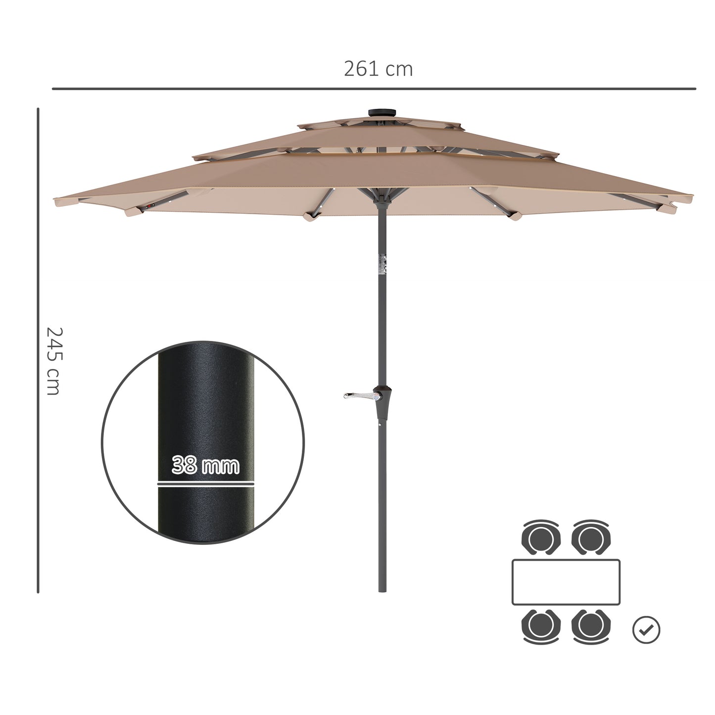 Parasol ogrodowy Outsunny 3-poziomowy z lampami solarnymi LED, UPF 30+, mechanizmem pochylania i korbą, do tarasu targowego, kolor khaki