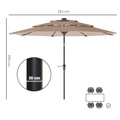 Parasol ogrodowy Outsunny 3-poziomowy z lampami solarnymi LED, UPF 30+, mechanizmem pochylania i korbą, do tarasu targowego, kolor khaki
