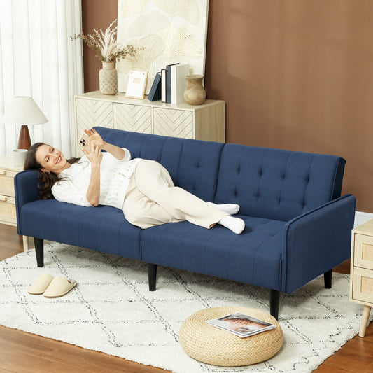 HOMCOM Upholstered Click Clack Sofa Bed, Linen-Feel 3 Seater Sofa Bed with Storage and Cupholders, Dark Blue