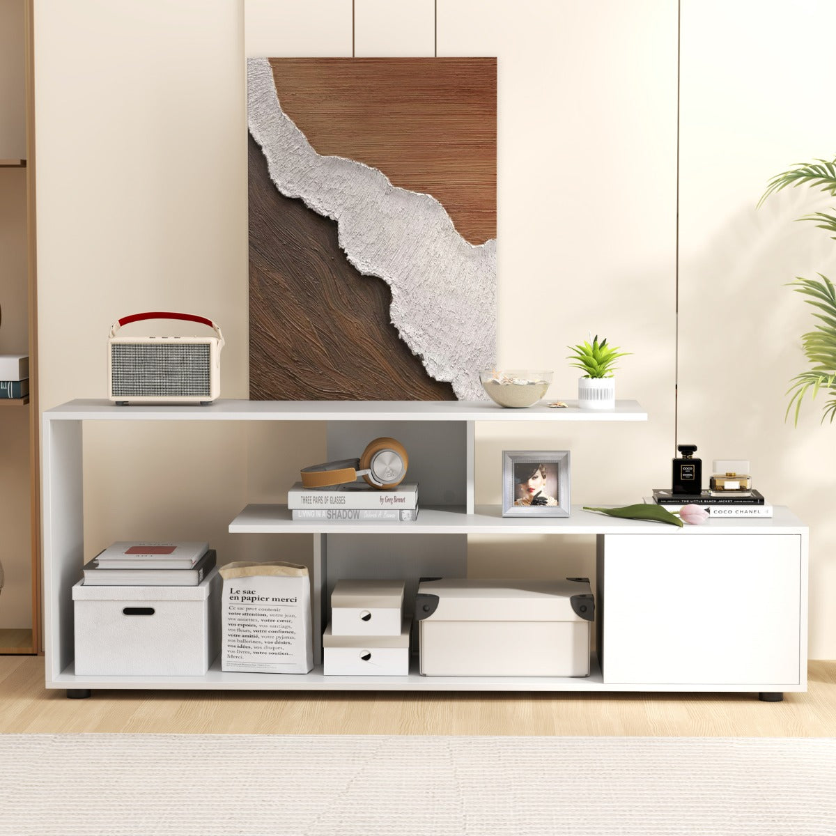 3-Tier Asymmetrical Media Console Table with Storage Shelves and Cabinet-White