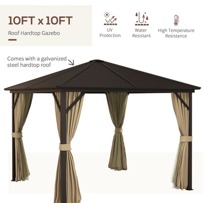 Outsunny 3 x 3 M Garden Lawn Patio Hard Top Metal Roof Gazebo Canopy Shelter With Netting And Curtains Aluminium Frame - Bronze Tone