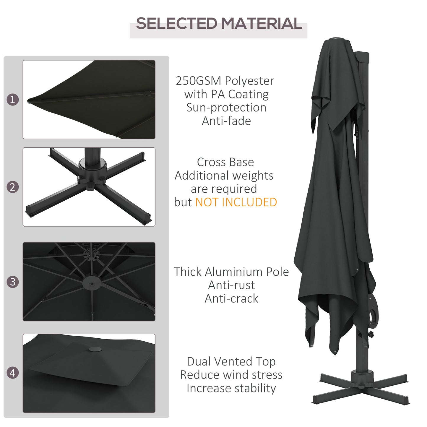 Outsunny Garden Parasol, 3(m) Cantilever Parasol with Hydraulic Mechanism, Dual Vented Top, 8 Ribs, Cross Base, Grey