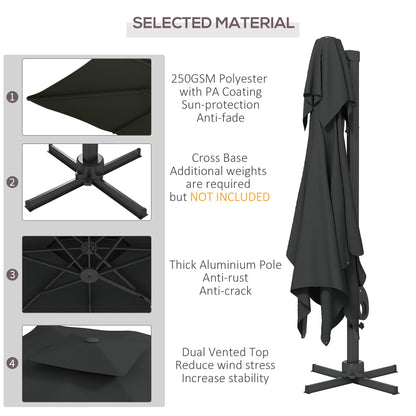 Outsunny Garden Parasol, 3(m) Cantilever Parasol with Hydraulic Mechanism, Dual Vented Top, 8 Ribs, Cross Base, Grey