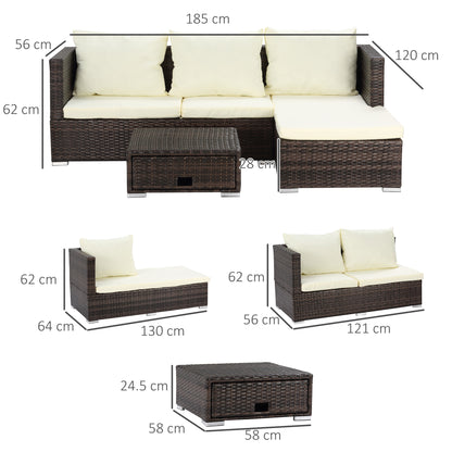 Outsunny 3PC Rattan Garden Furniture Storage Sofa Set 4 Seater Wicker Coffee Table Conservatory Sun Lounger Reclining Set Outdoor Weave z poduszką Brown