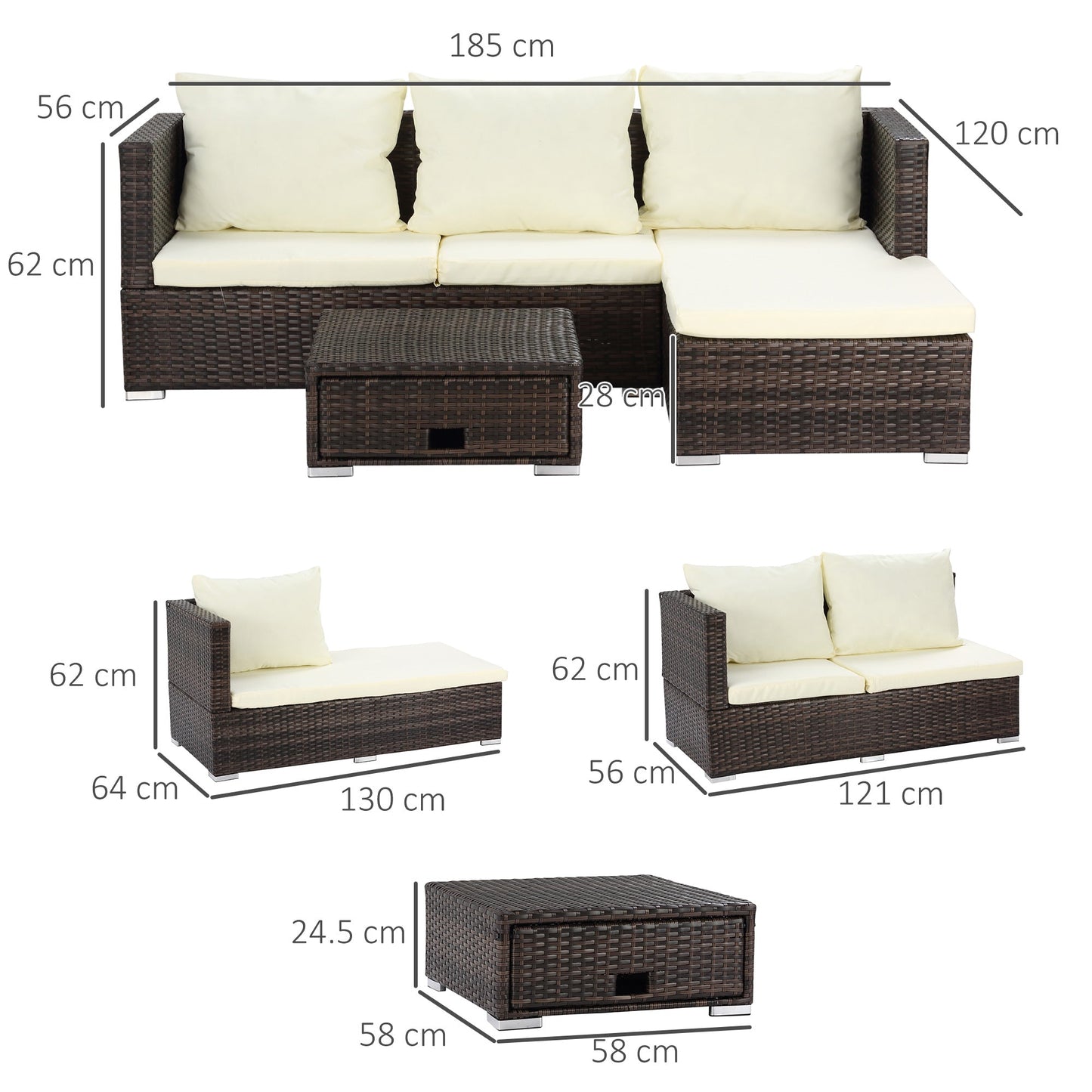 Outsunny 3 Pieces Rattan Garden Furniture Sofa Set, 4 Seater Garden Corner Sofa with 5-Level Reclining Sun Lounger and Storage Coffee Table, Outdoor Furniture Conservatory Set with Cushions, Brown