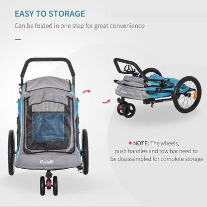 PawHut Dog Bike Trailer 2-IN-1 Steel Pet Cart Carrier for Bicycle with 360° Rotatable Front Wheel Reflectors Straps Cup Holder Water Resistant Blue