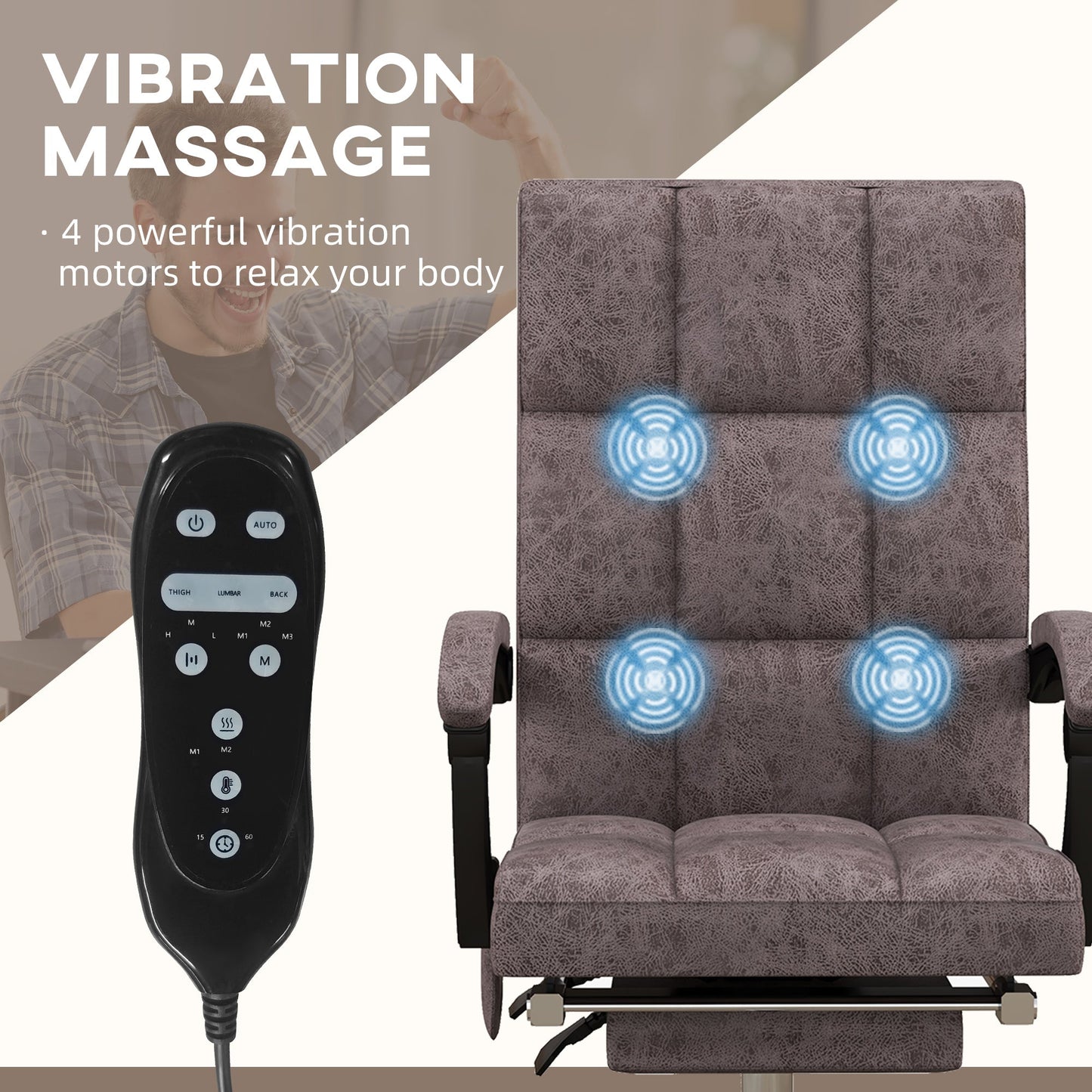 كرسي مكتب Vinsetto Executive Vibration Massage Office، كرسي كمبيوتر من الألياف الدقيقة مع مسند للذراعين، ظهر قابل للإمالة بزاوية 135 درجة، رمادي فحمي