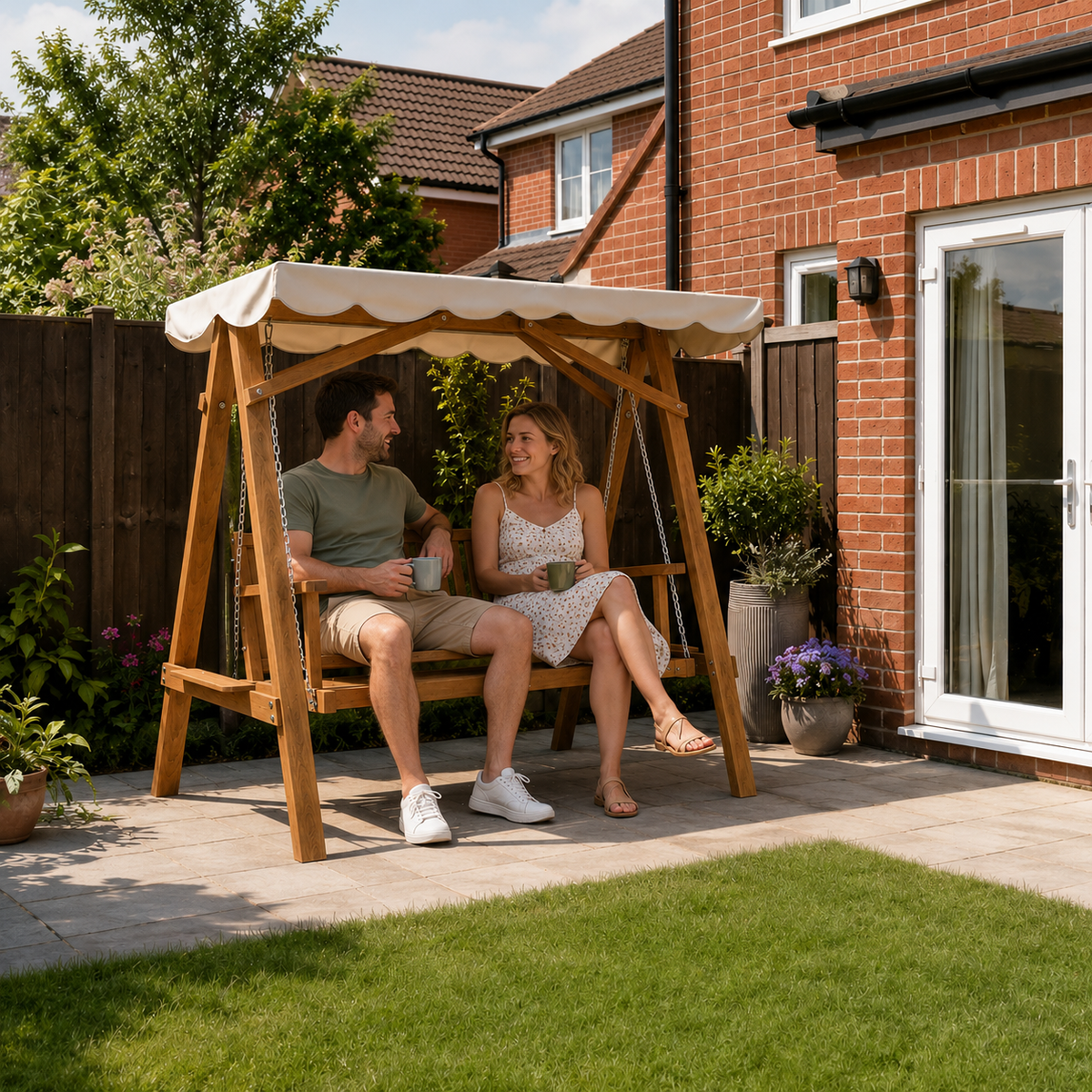 Outsunny 3 Seater Garden Swing Seat with Canopy, Wooden Swing Chair, Outdoor Hammock Bench for Balcony Patio Porch, Cream White