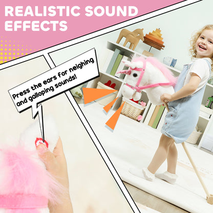 AIYAPLAY Unicorn Stick Horse with Wood Wheels, Real Pony Neighing and Galloping Sounds, Grip Handle, 95 cm, White