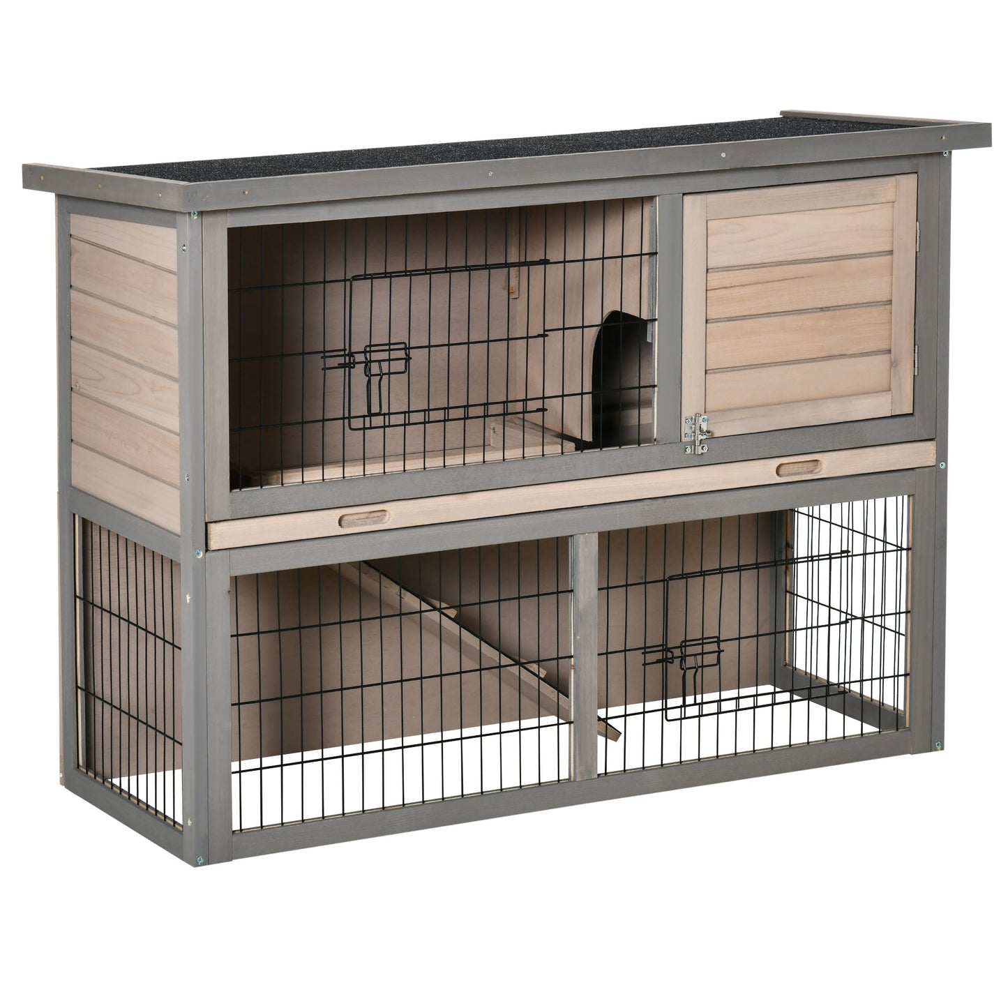 PawHut 2 Tier Wooden Rabbit Hutch Guinea Pig House Bunny Cage Backyard w/ Ramp Outdoor Run Built-in Tray Openable Roof Small Animal House Brown, 108 x 45 x 78 cm