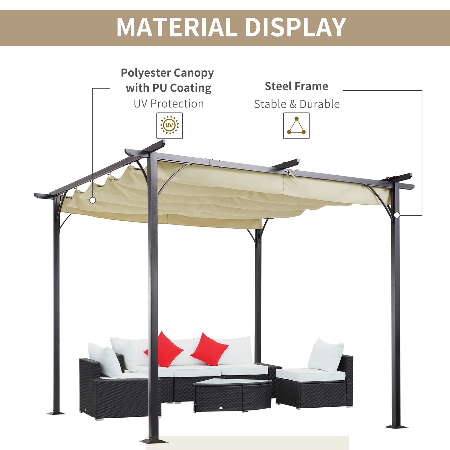 Outsunny 3 x 3(m) Metalowa pergola z chowanym dachem, metalowa altana ogrodowa, zadaszenie pergoli. Zewnętrzny daszek przeciwsłoneczny na imprezę BBQ, beżowy