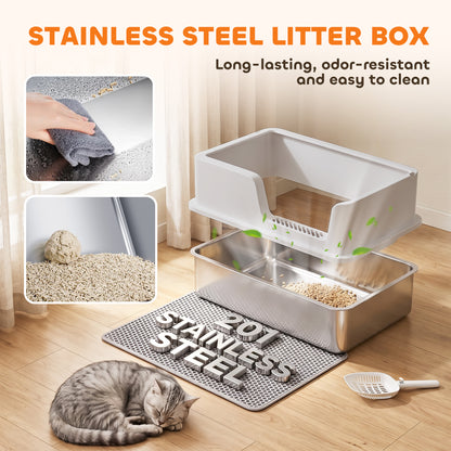 PawHut XL Stainless Steel Cat Litter Tray with Lid, High Sided Cat Litter Box with Scoop and Mat, Light Grey