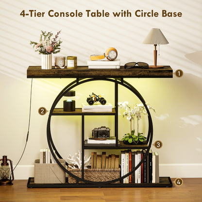 HOMCOM Industrial Console Table with LED Lights, Narrow Hallway Table with Storage Shelves, 100cm, Rustic Brown