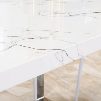 HOMCOM Modern Dining Room Table Rectangular Kitchen Table for 6-8 People with Marble Effect Tabletop Steel Legs 160 cm White