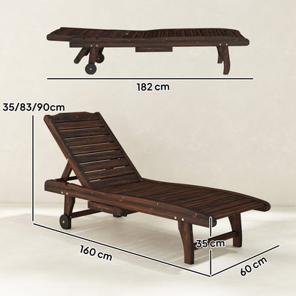 Outsunny Outdoor Wooden Sun Lounger with Built-In Table, Carbonised Finish
