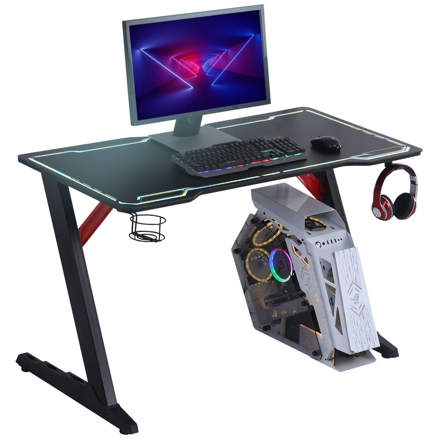 LED Gaming Desk, 120cm Racing Style Computer Table with Lights Cup Holder Headphone Hook Cable Management E-Sport Study Workstation Black