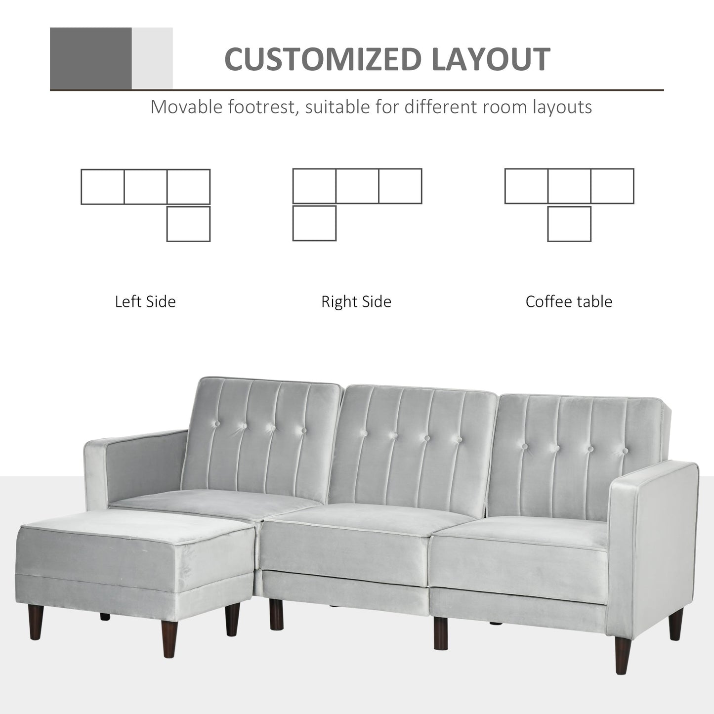 HOMCOM 3 Seater Sofa Bed with Portable Footstool, Light Grey