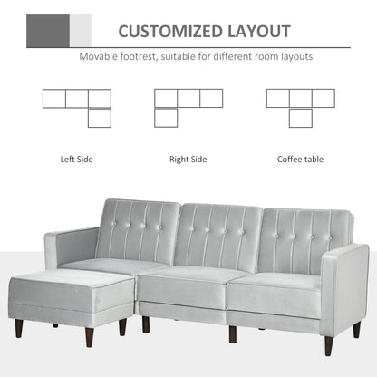 HOMCOM 3 Seater Sofa Bed with Portable Footstool, Light Grey