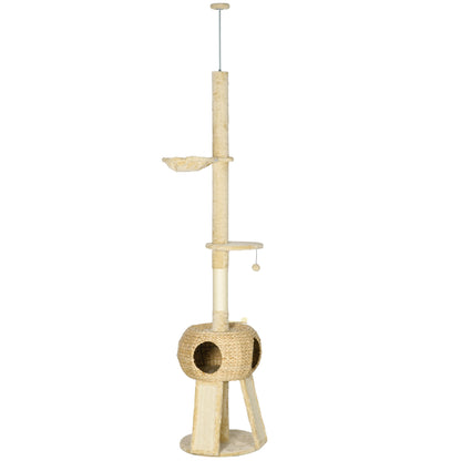 PawHut 255cm Cat Tree Tower for Indoor Cats, with Scratching Post, Cat House, Platform - Beige