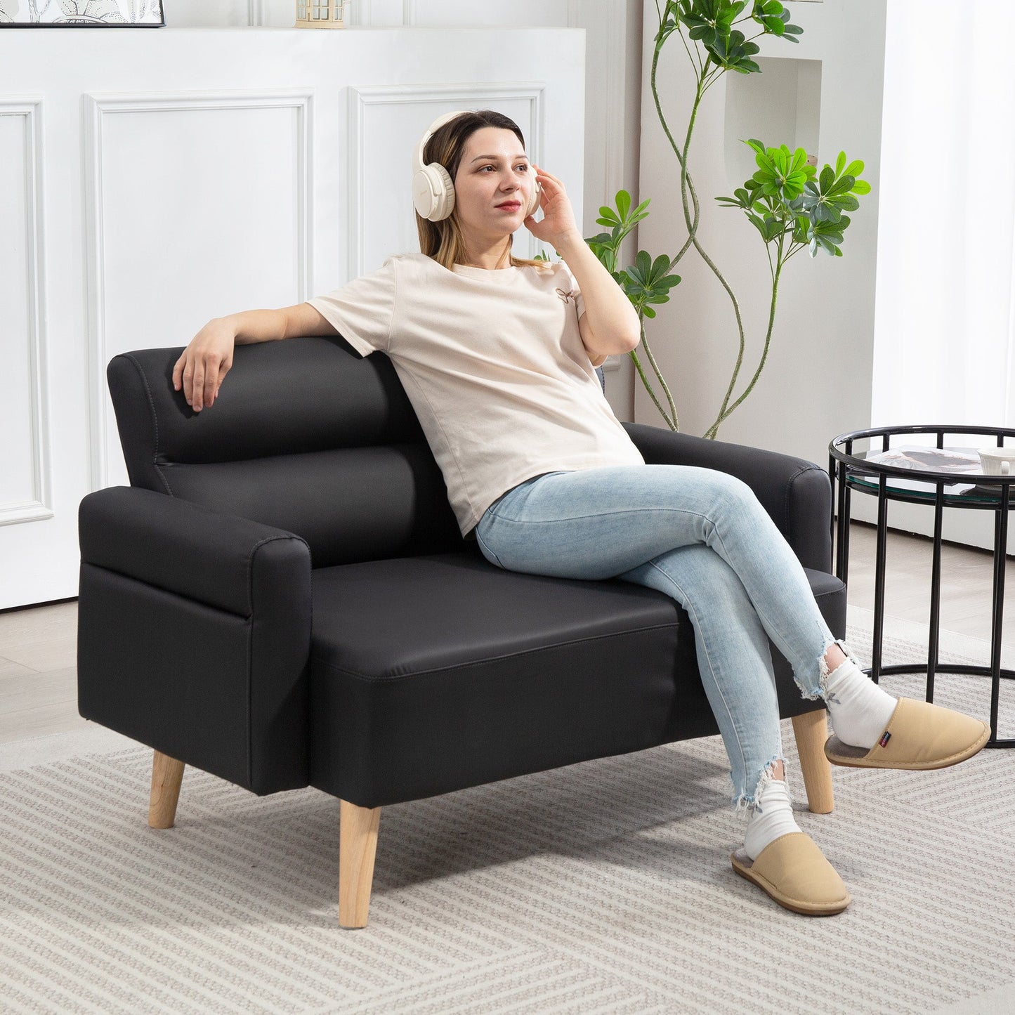 HOMCOM Mała 2-osobowa sofa ze sztucznej skóry - czarna