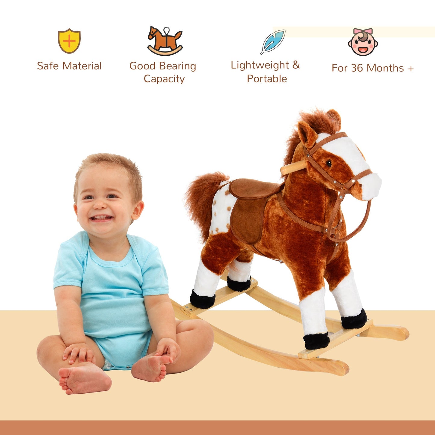 Wooden Rocking Horse with Sound Handle Grip Traditional Toy Fun Gift Brown