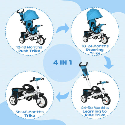 4 in 1 Kids Trike Push Bike w/ Push Handle, Canopy, 5-point Safety Belt, Storage, Footrest, Brake, for 1-5 Years, Blue