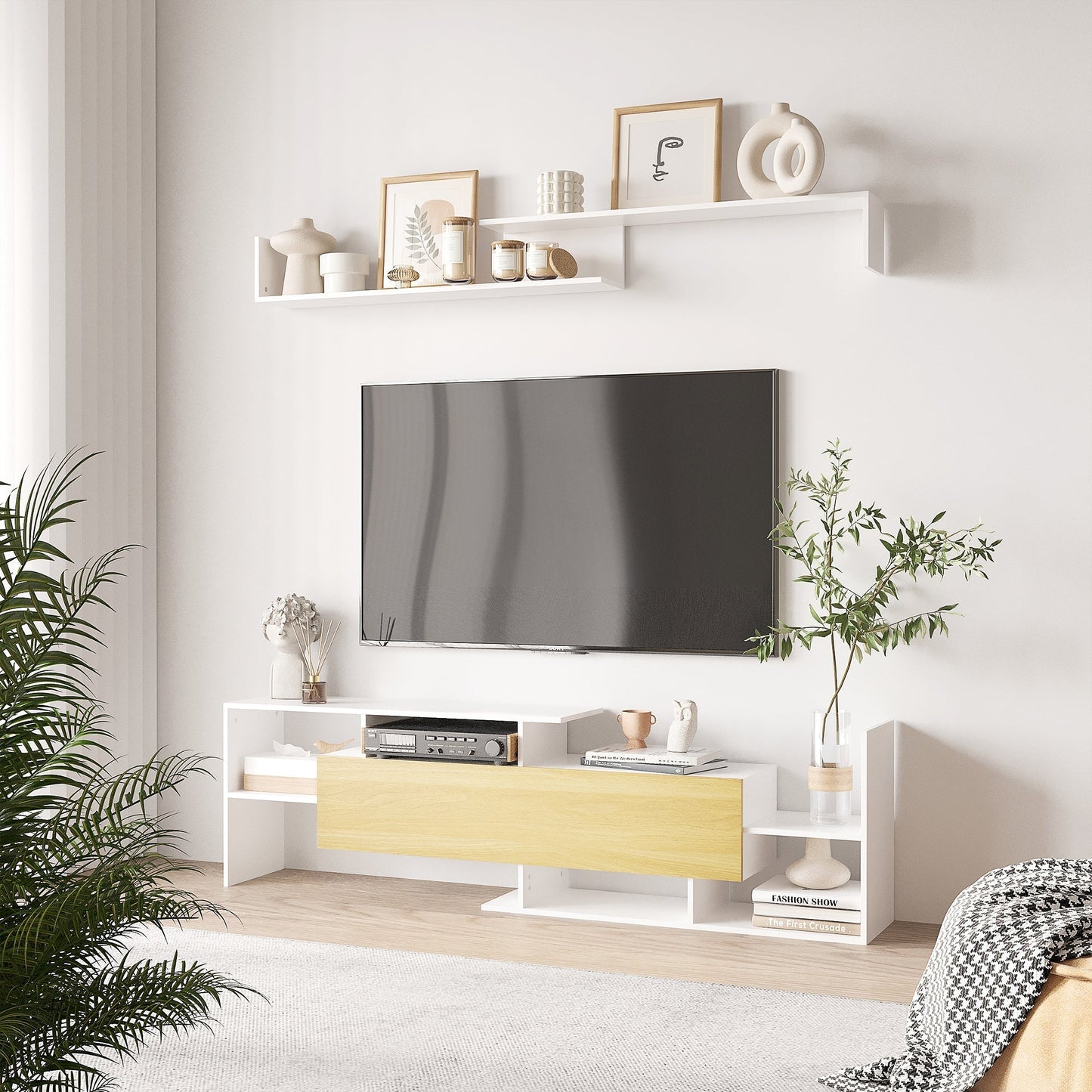 HOMCOM TV Cabinet with Wall Shelf for Wall-Mounted 65" TVs or Standing 40" TVs - White and Natural