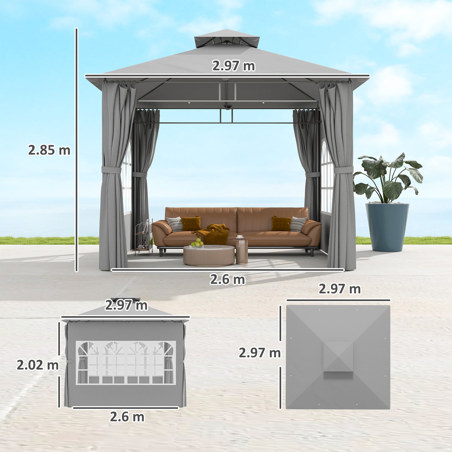 Altana ogrodowa Outsunny 3 x 3 m, metalowa altana z podwójnym dachem, zdejmowanymi ścianami bocznymi i oknami kościelnymi, zadaszenie zewnętrzne, jasnoszary