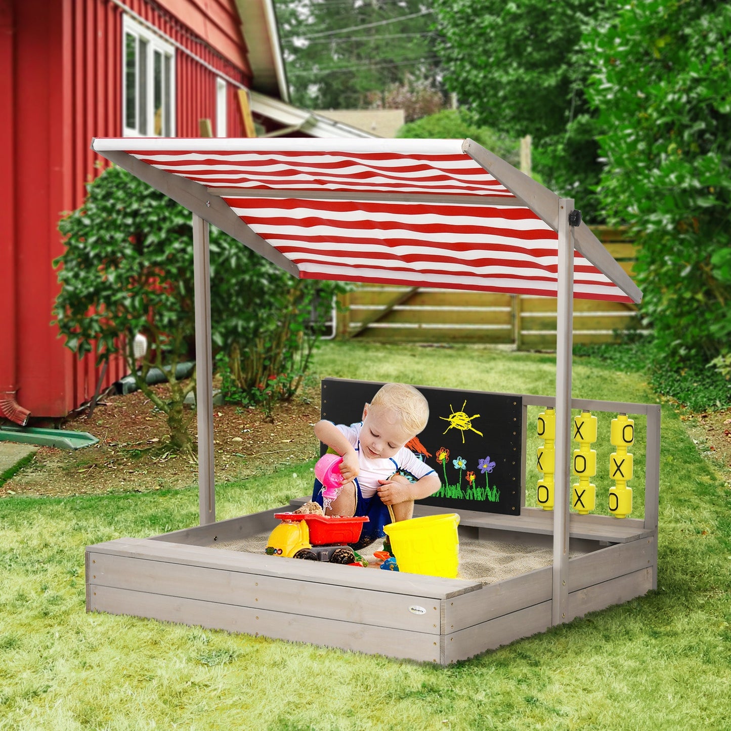 Outsunny Kids Wooden Sandpit, Sandbox with Canopy & Seats, for Gardens - Grey