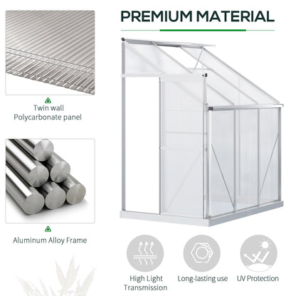 Outsunny 6 X 4ft Walk-In Lean to Greenhouse Garden Heavy Duty Aluminium Polycarbonate with Roof Vent for Plants Herbs Vegetables, Silver