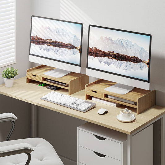 HOMCOM Monitor Riser Laptop PC Plinth Stand TV Komputer Organizer na biurko z szufladą Bamboo