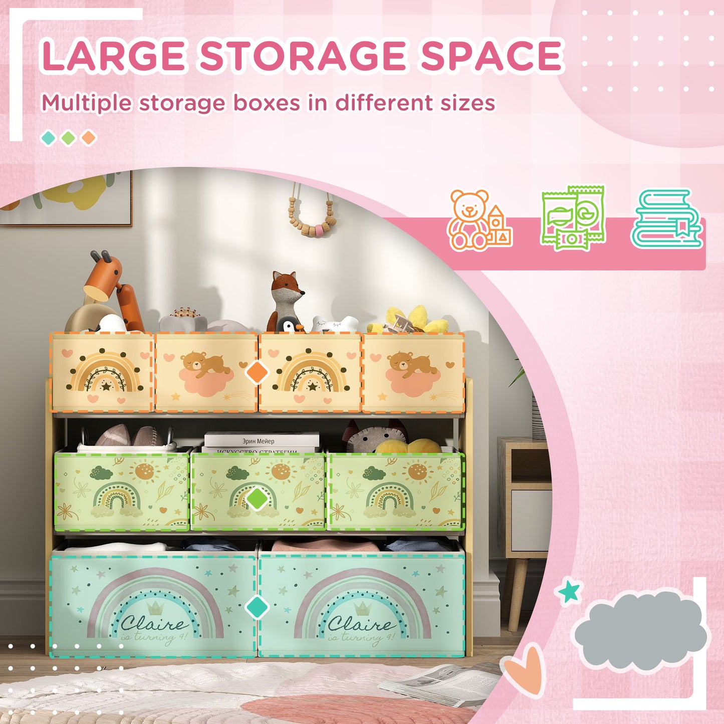 AIYAPLAY 3-Tier Kids Storage Unit with 9 Non-Woven Fabric Boxes for Toys, Books, for Bedroom, Nursery, Yellow