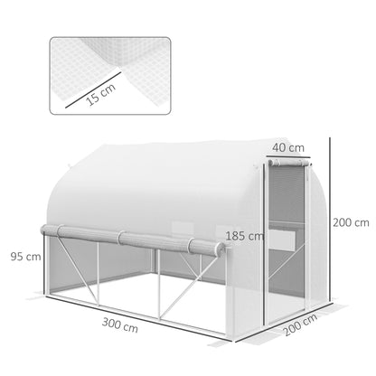 Outsunny 3 x 2(m) Tunel foliowy typu walk-in, ściany boczne zwijane na suwak, drzwi z siatki, 6 okien z siatki, namiot tunelowy z osłoną z polietylenu, bezpłatne etykiety na rośliny i rękawiczki, biały