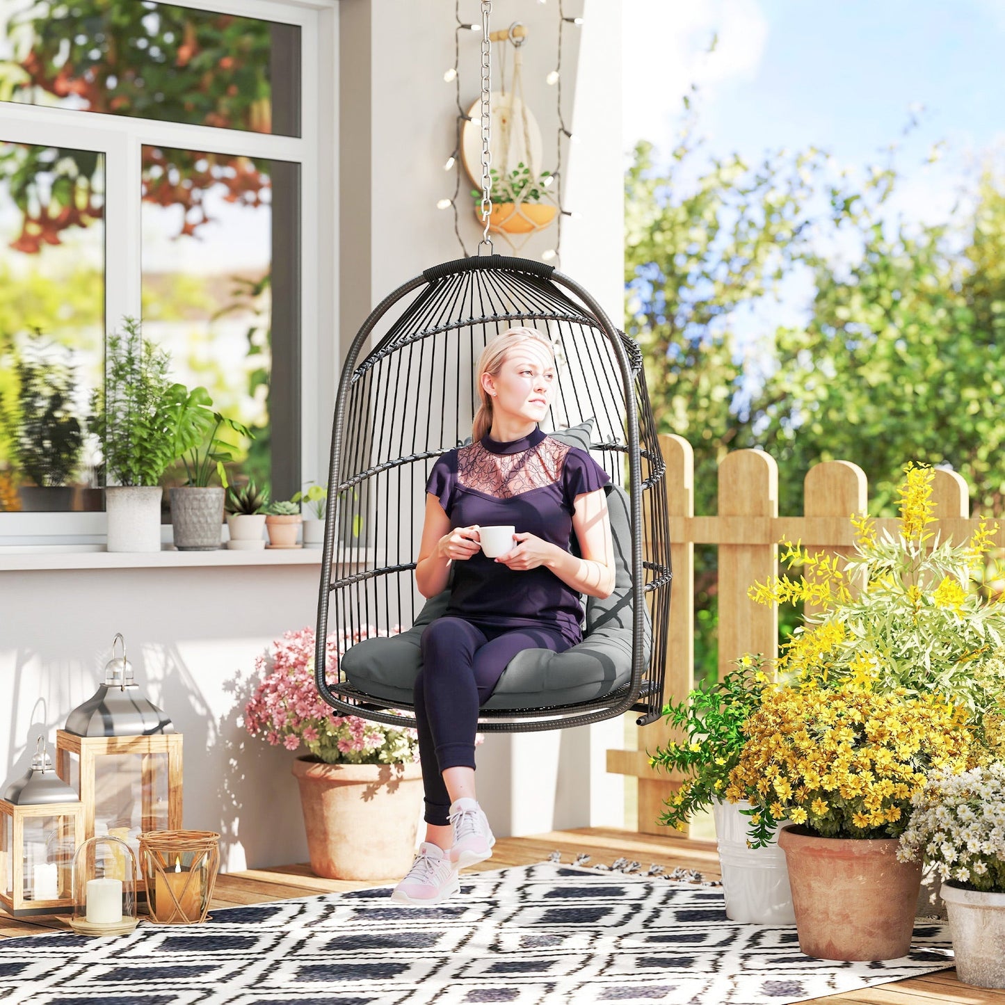 Outsunny Hanging Egg Chair, Foldable Rattan Garden Swing Chair with Installation Kit, Thickened Cushion and Headrest, Indoor Outdoor Hanging Egg Basket Seat for Patio, Porch, Dark Grey