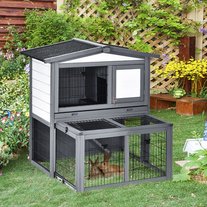 PawHut 2 Tier Wooden Rabbit Hutch Guinea Pig Hutch Small Animal Cage Slide Out Tray Ramp Outdoor Run Openable Roof Grey 101.5 x 90 x 100 cm